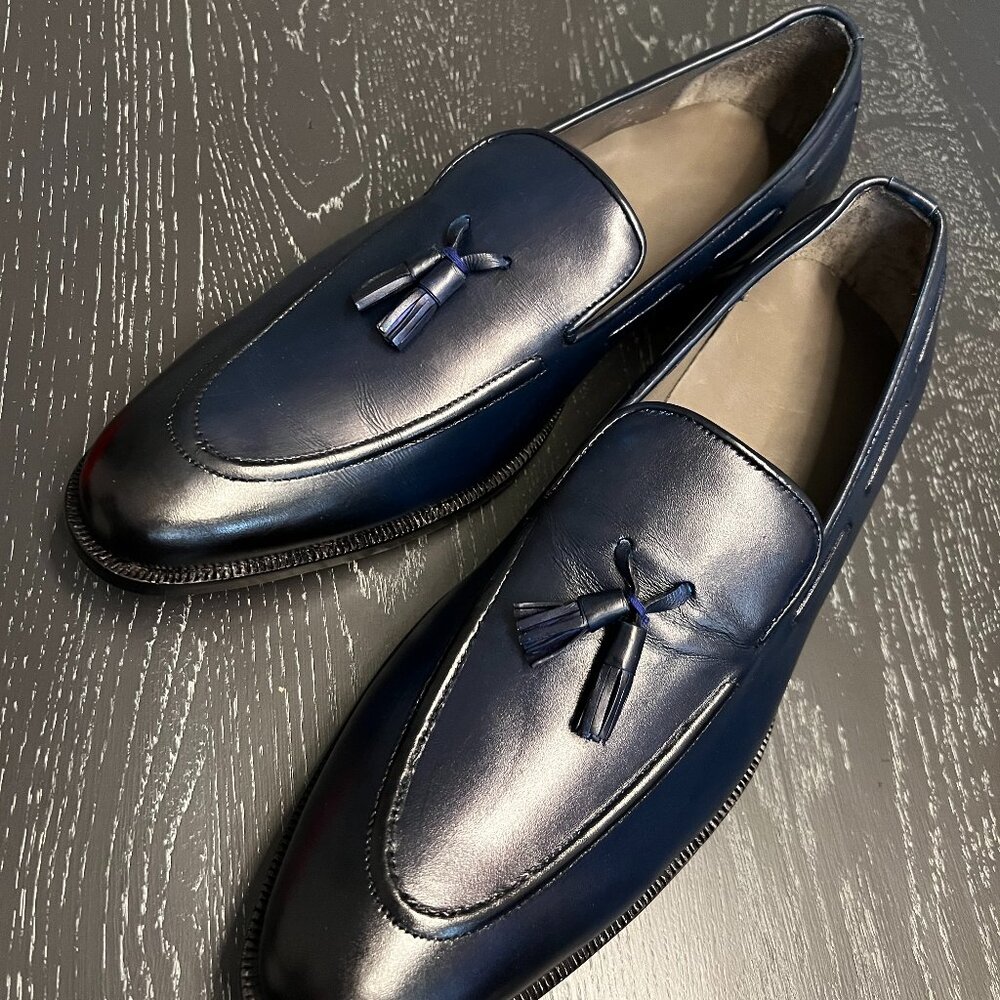 Handmade Men's Navy Blue Tassel Loafers - Leather Shoes | Brand New